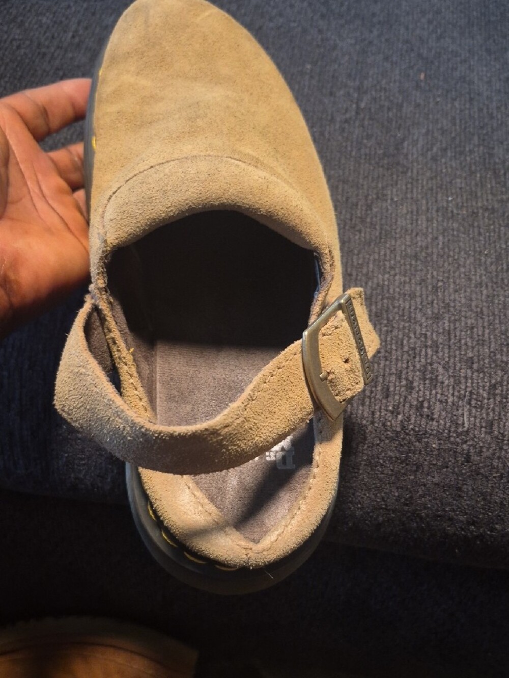 Dr. Martens Tan Suede Slingback Mules with Yellow Stitching - Picture 4 of 15